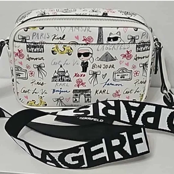 Karl Lagerfeld Paris Crossbody Bag Paris Print Cream Logo Strap Adjustable NWT - Picture 6 of 14